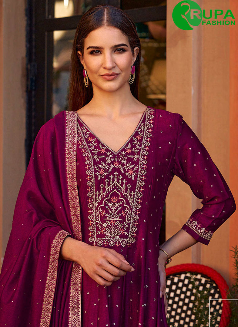Beautiful Wine Color Vichitra Silk with Embroidered and Hand Work Ready Made Salwar Suit
