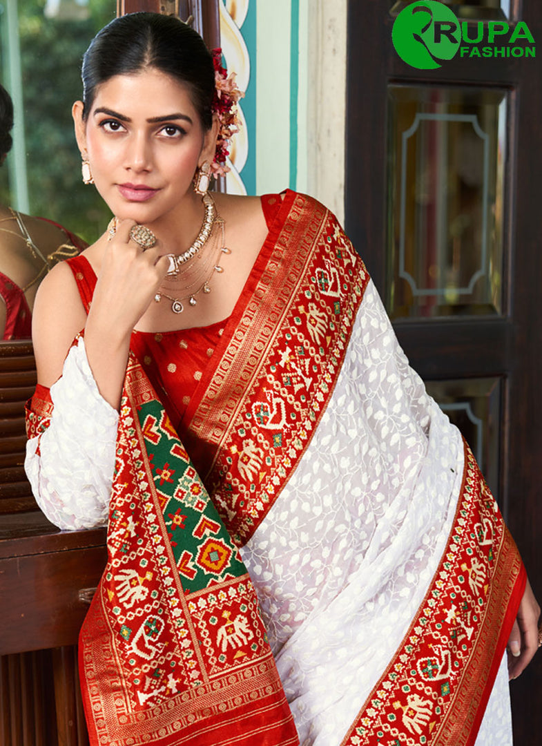 Divine White Color Georgette Contemporary Saree with Foil Print and Lucknowi Work