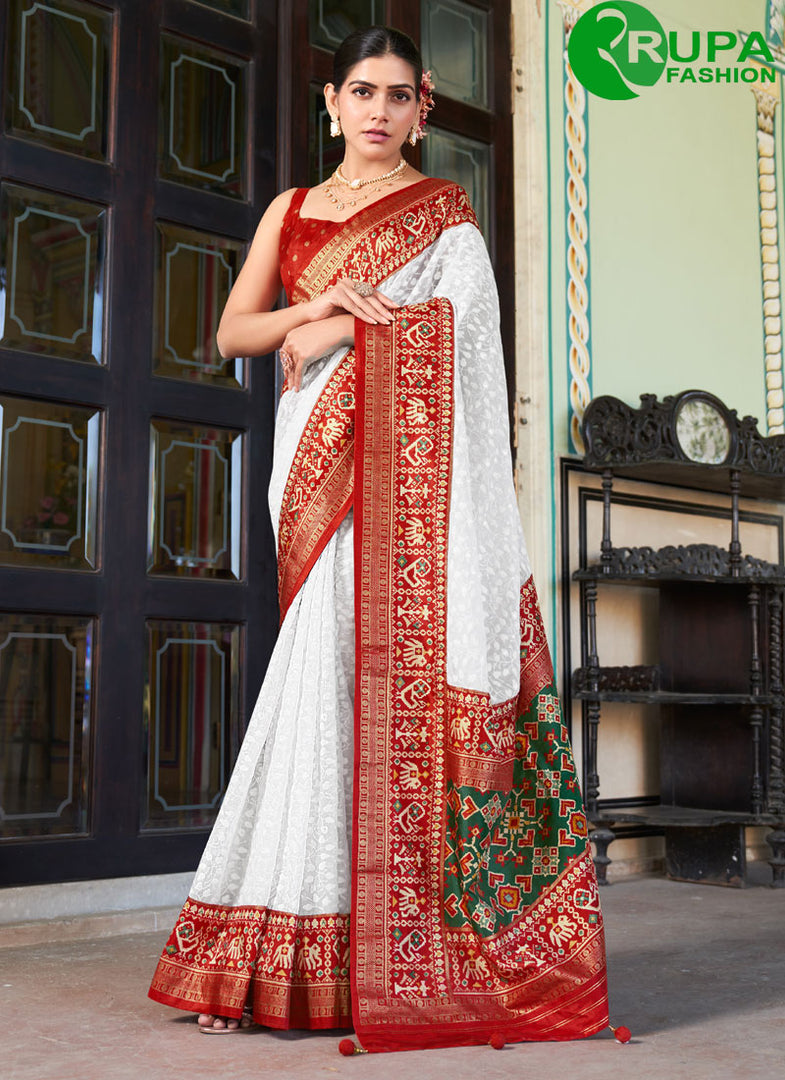 Divine White Color Georgette Contemporary Saree with Foil Print and Lucknowi Work