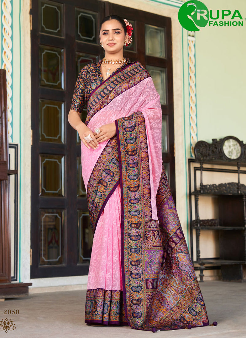 Lovely Pink Color Foil Print and Lucknowi Work Georgette Traditional Saree