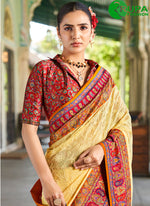 Load image into Gallery viewer, Beautiful Cream Color Faux Georgette Lucknowi Pashmina Foil Print Designer Saree
