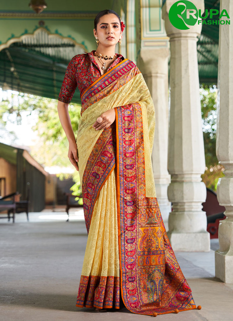 Beautiful Cream Color Faux Georgette Lucknowi Pashmina Foil Print Designer Saree
