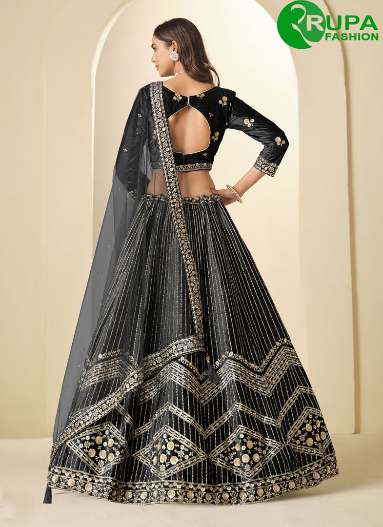 Majestic Black Color Ice Velvet Lehenga Choli with Embroidered and Sequins Work