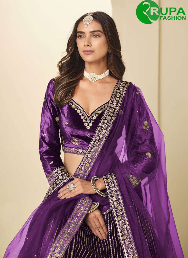 Divine Purple Color Ice Velvet Embroidered and Sequins Work Lehenga Choli