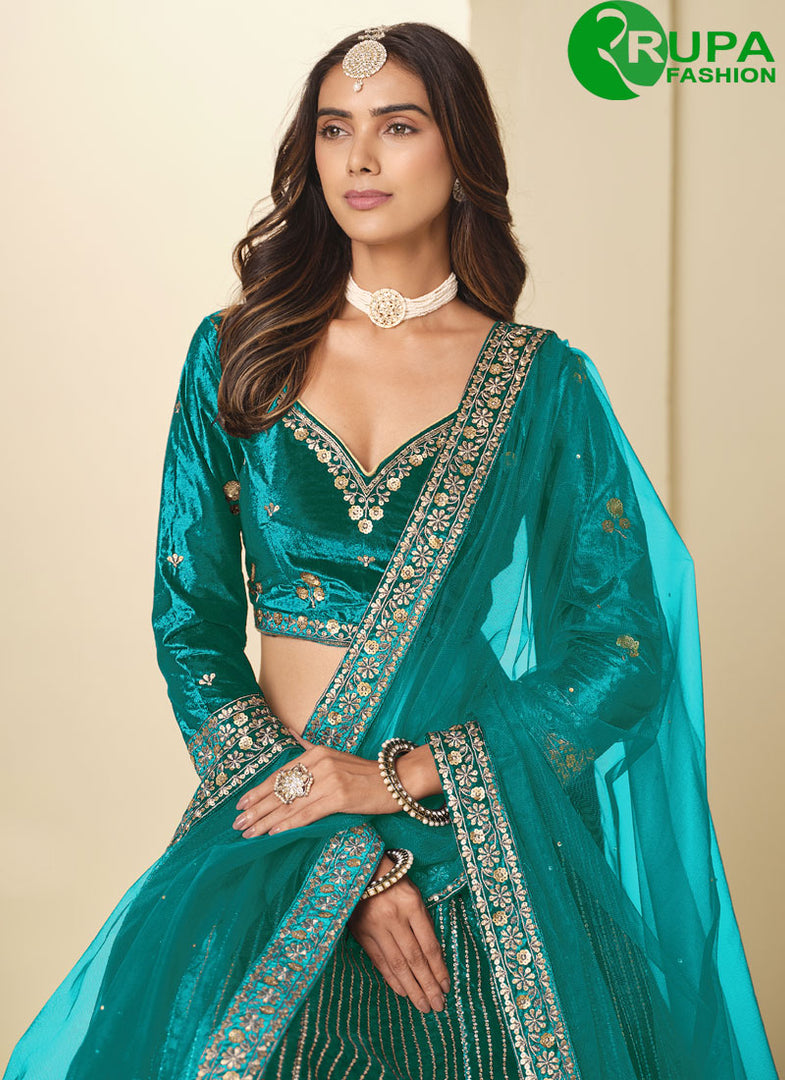 Beautiful Green Color Ice Velvet Lehenga Choli with Embroidered and Sequins Work