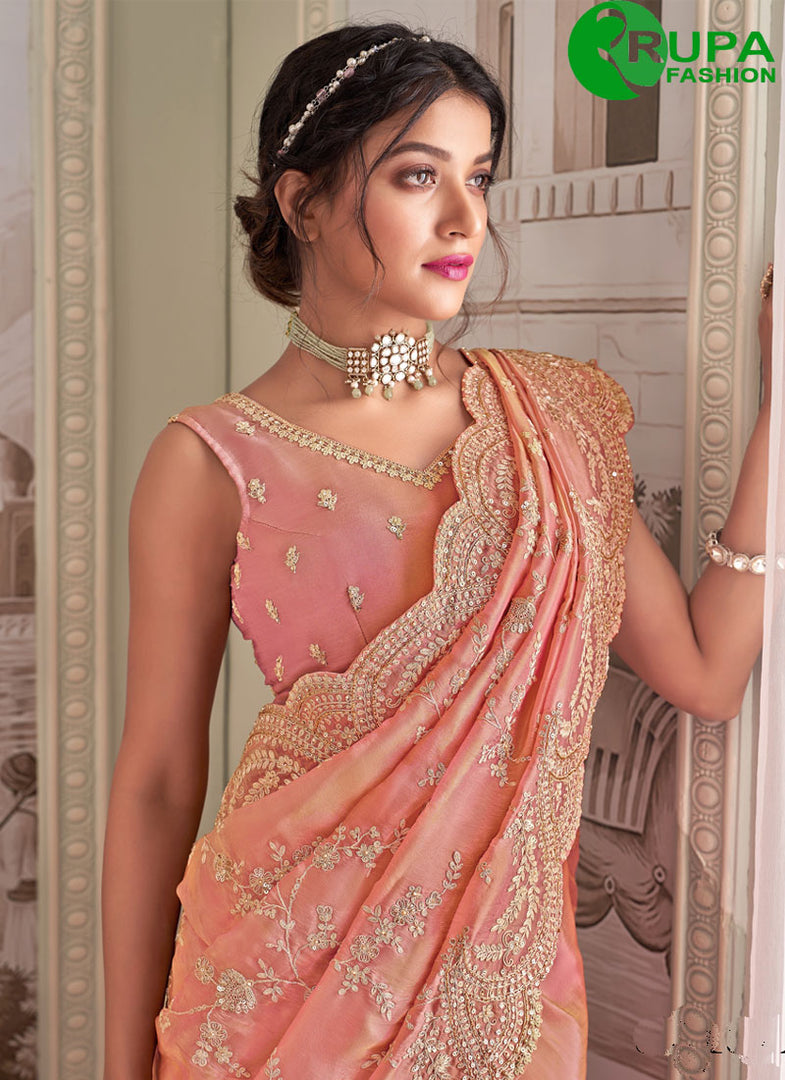 Awesome Peach Color Tissue New Designer Wedding Wear Saree