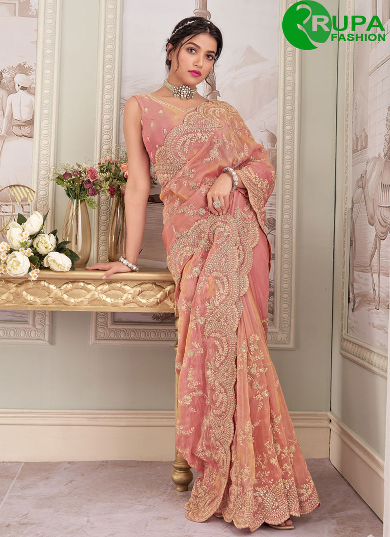 Awesome Peach Color Tissue New Designer Wedding Wear Saree