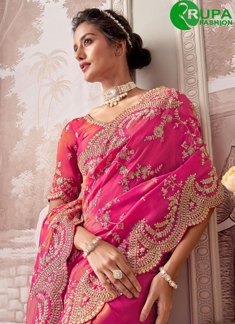 Divine Rani Pink Color Embroidered, Sequins and Zari Work Tissue Classical Wedding Wear Saree