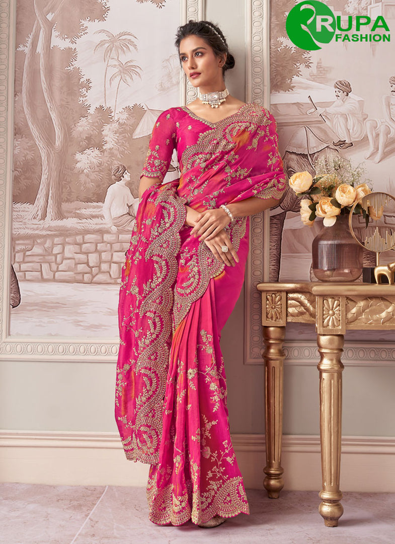Divine Rani Pink Color Embroidered, Sequins and Zari Work Tissue Classical Wedding Wear Saree