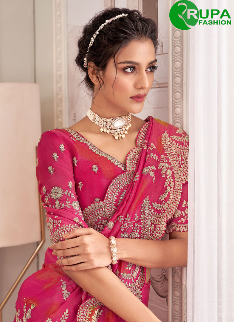 Divine Rani Pink Color Embroidered, Sequins and Zari Work Tissue Classical Wedding Wear Saree