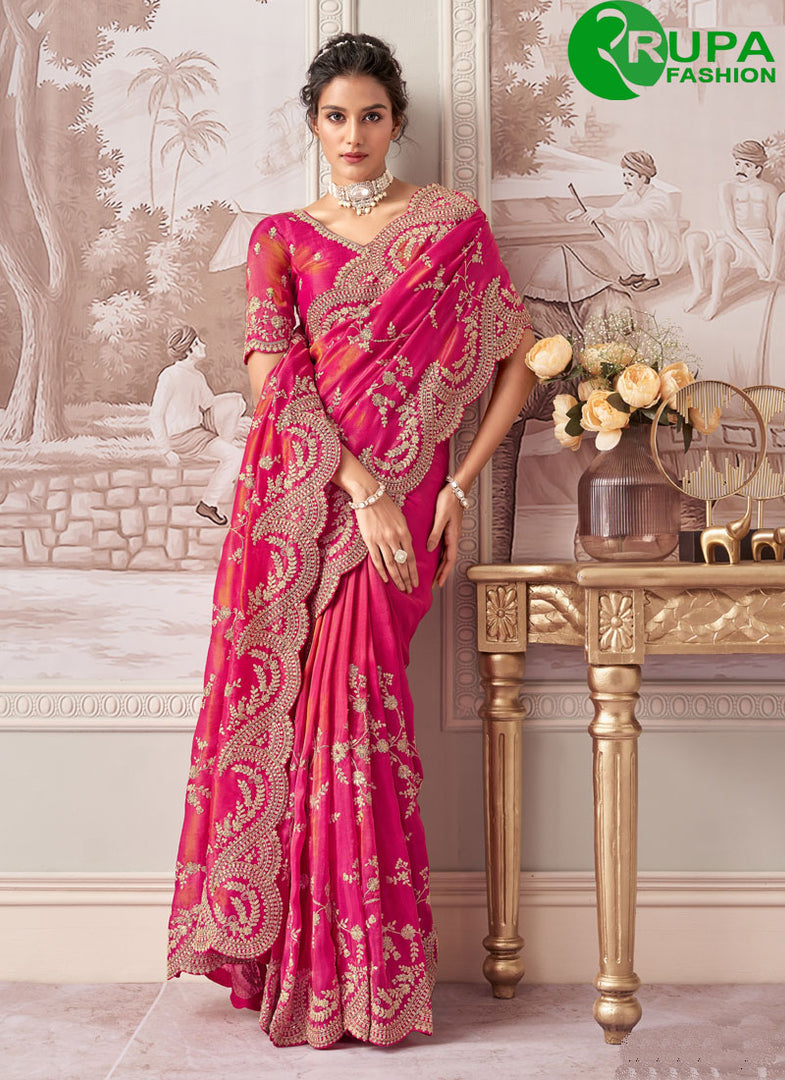 Divine Rani Pink Color Embroidered, Sequins and Zari Work Tissue Classical Wedding Wear Saree