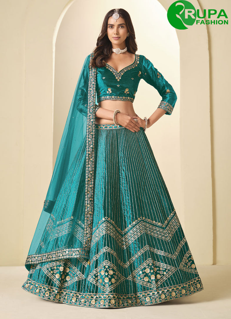 Beautiful Green Color Ice Velvet Lehenga Choli with Embroidered and Sequins Work