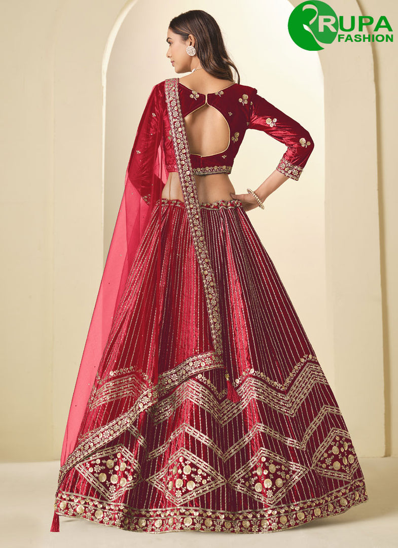 Maroon Color Ice Velvet Embroidered and Sequins Work Lehenga Choli