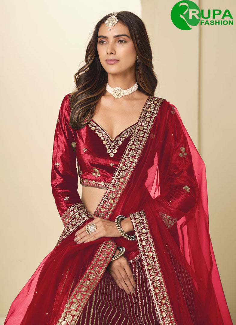 Maroon Color Ice Velvet Embroidered and Sequins Work Lehenga Choli