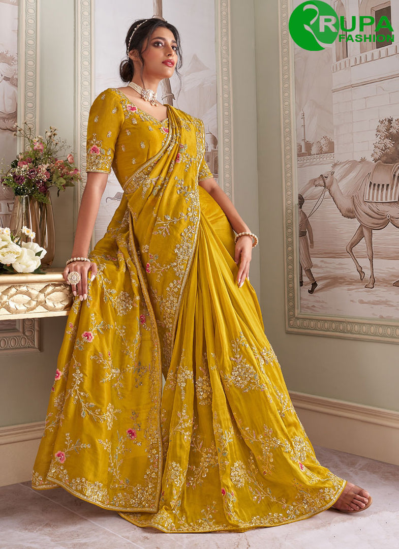 Adorable Mustard Color Tissue Zari Fabric New Designer Wedding Wear Saree