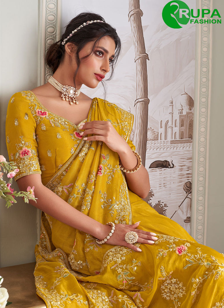 Adorable Mustard Color Tissue Zari Fabric New Designer Wedding Wear Saree