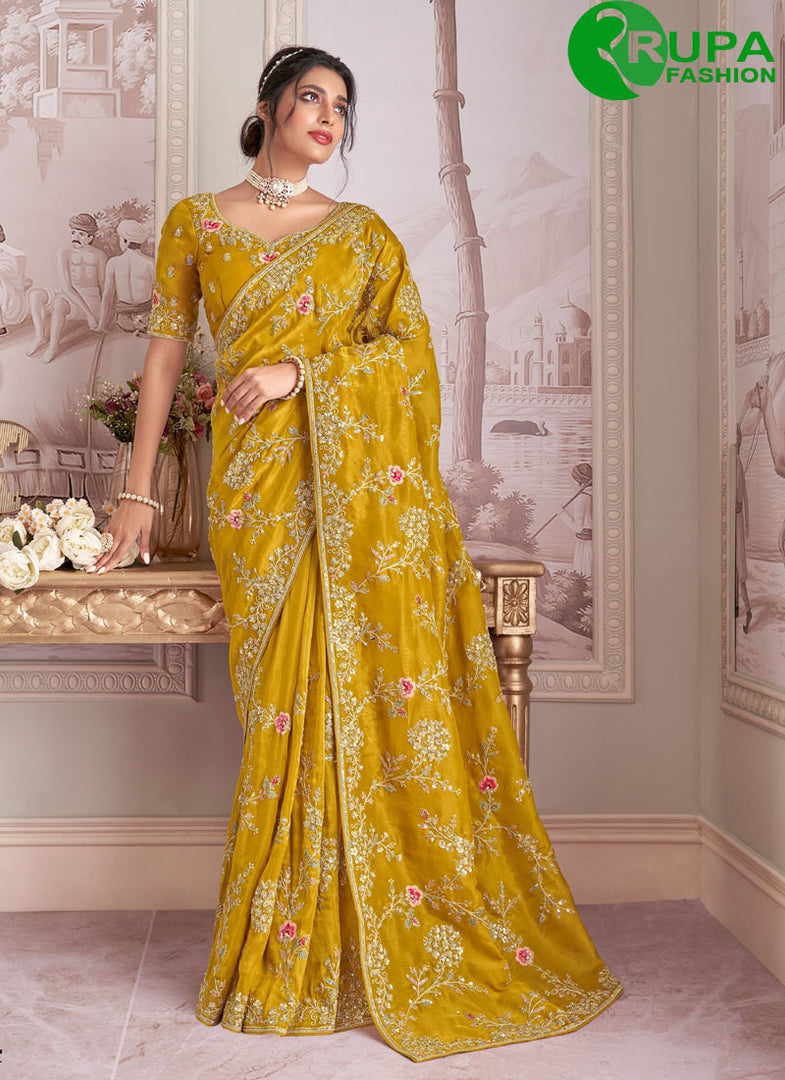 Adorable Mustard Color Tissue Zari Fabric New Designer Wedding Wear Saree