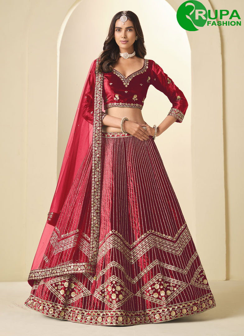 Maroon Color Ice Velvet Embroidered and Sequins Work Lehenga Choli