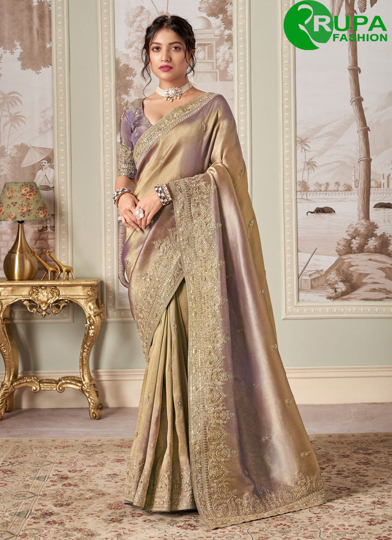 Awesome Purple With Beige Dual Tone Jacquard Silk Wedding Wear Saree