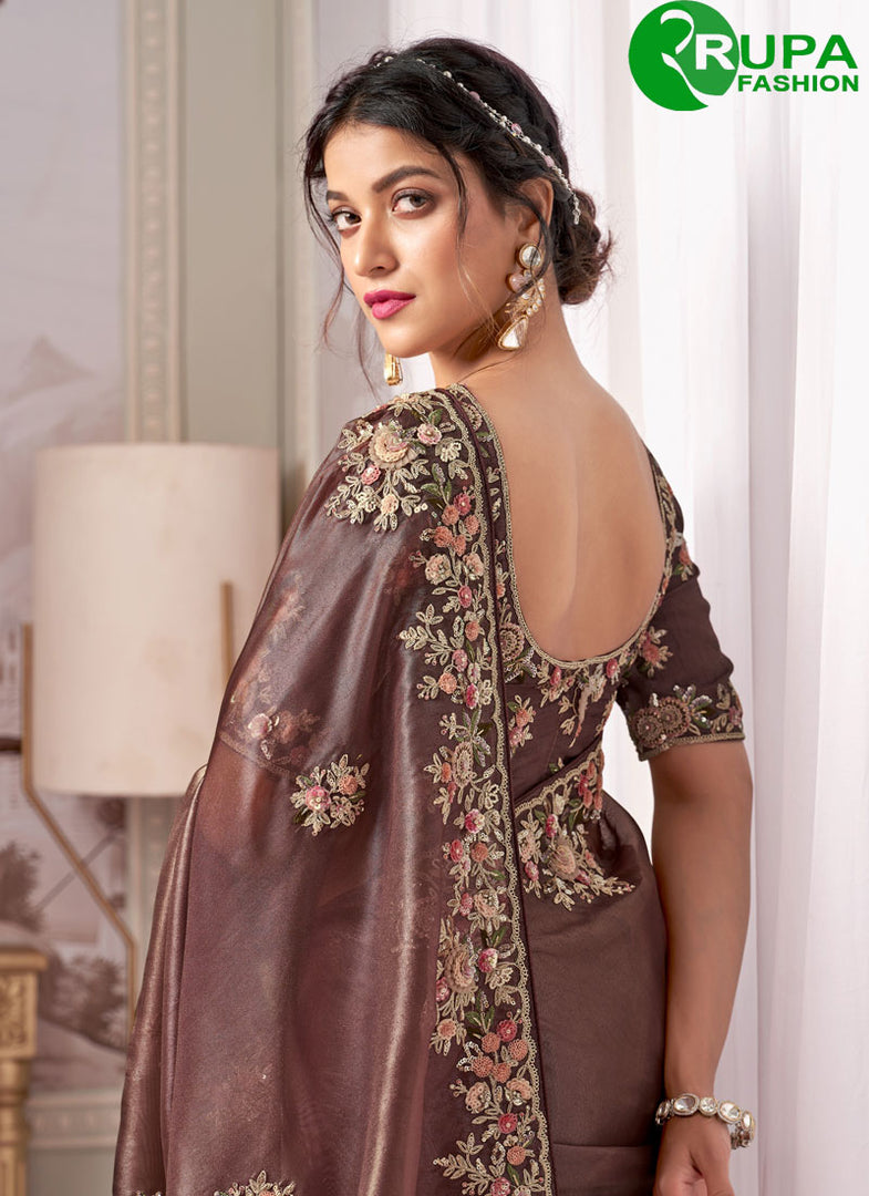 Brown Color Silk Booti, Embroidered, Sequins and Zari Work Designer Saree