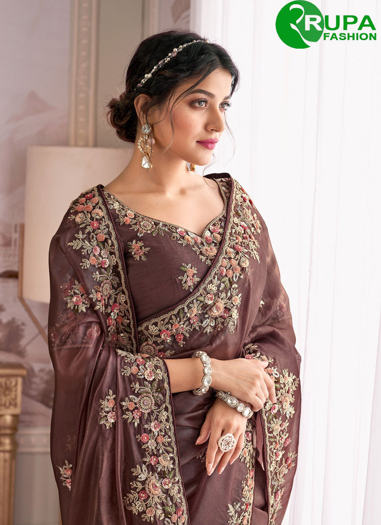Brown Color Silk Booti, Embroidered, Sequins and Zari Work Designer Saree