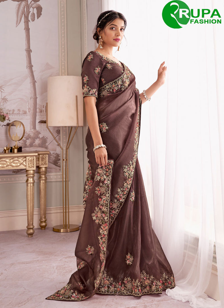 Brown Color Silk Booti, Embroidered, Sequins and Zari Work Designer Saree
