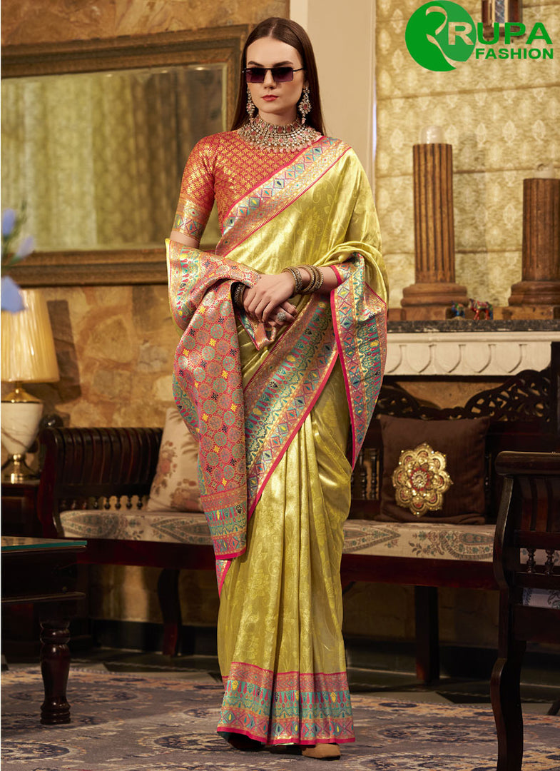 Attractive Lime Yellow Color Silk Designer traditional Wear Saree With Weaving Work