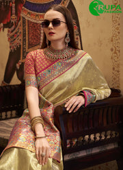 Divine Cream Color Silk Weaving Work Trendy Designer Party Wear Saree