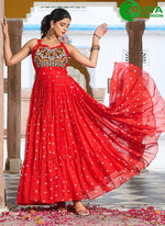 Load image into Gallery viewer, Eye Catchy Red Color Georgette Designer  with Gamthi, Mirror and Polka Dotted Work Gown
