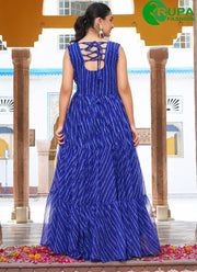 Splendid Blue ColorGeorgette Designer with Gamthi, Mirror and Strips Print Work Gown