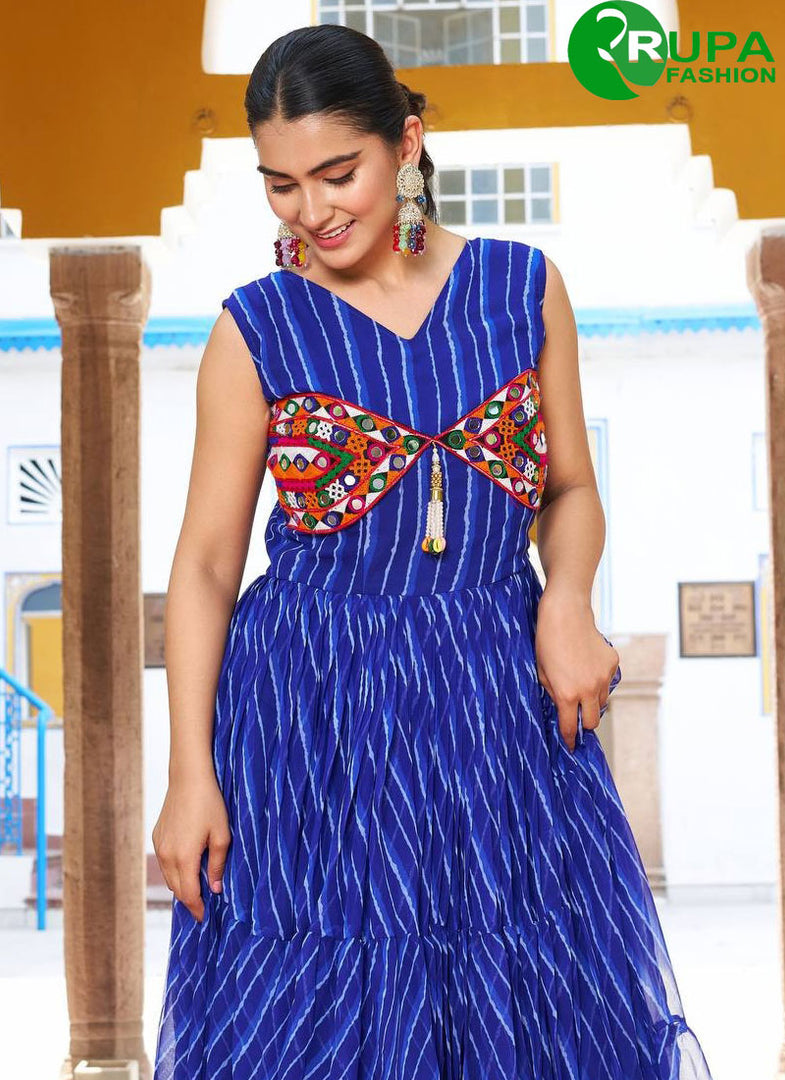 Splendid Blue ColorGeorgette Designer with Gamthi, Mirror and Strips Print Work Gown