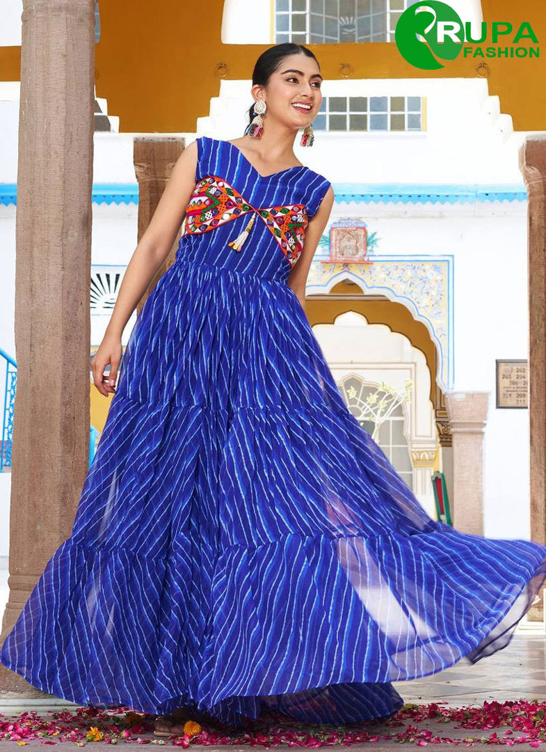 Splendid Blue ColorGeorgette Designer with Gamthi, Mirror and Strips Print Work Gown