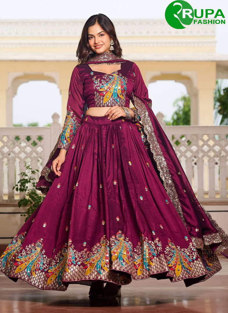 Wine Color Embroidered, Sequins, Thread and Zari Work Vichitra Silk Readymade Lehenga Choli