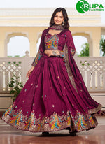 Load image into Gallery viewer, Wine Color Embroidered, Sequins, Thread and Zari Work Vichitra Silk Readymade Lehenga Choli
