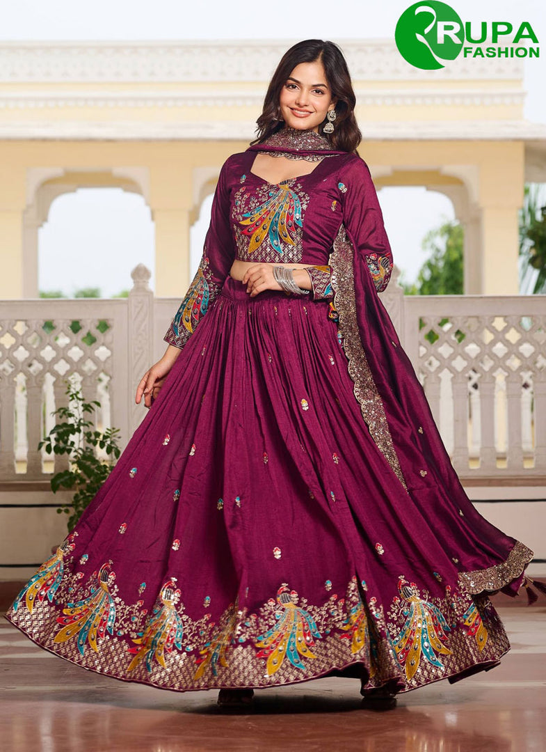 Wine Color Embroidered, Sequins, Thread and Zari Work Vichitra Silk Readymade Lehenga Choli