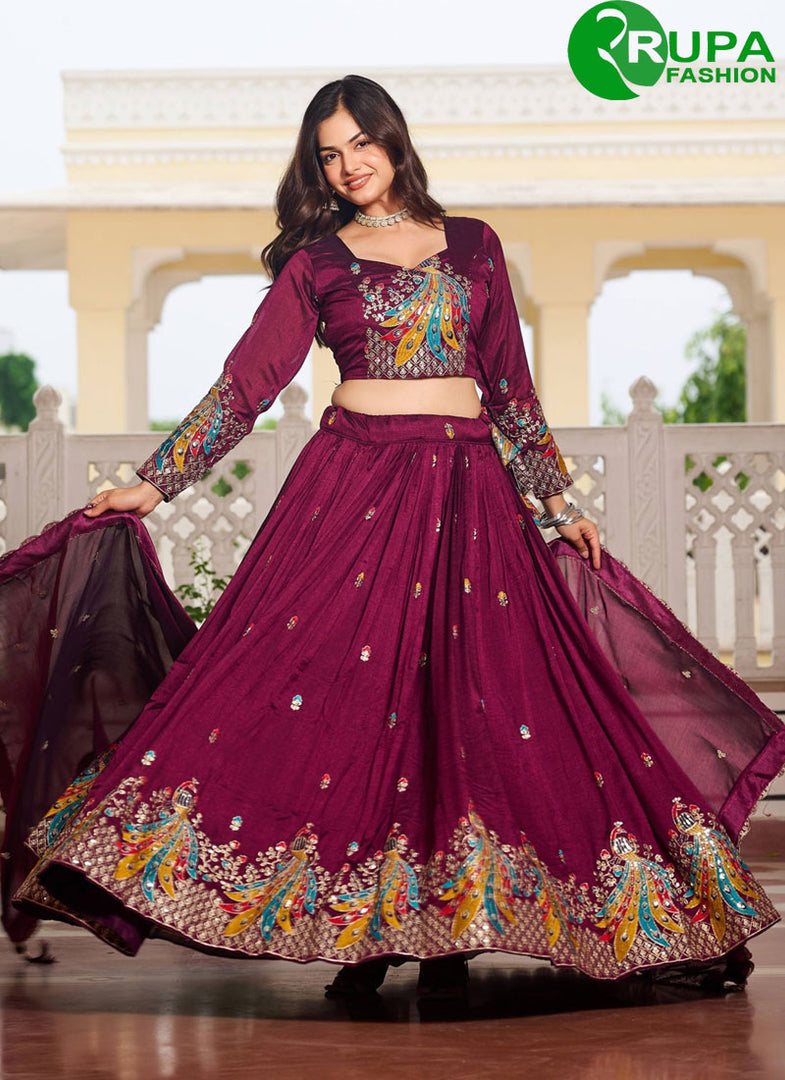 Wine Color Embroidered, Sequins, Thread and Zari Work Vichitra Silk Readymade Lehenga Choli