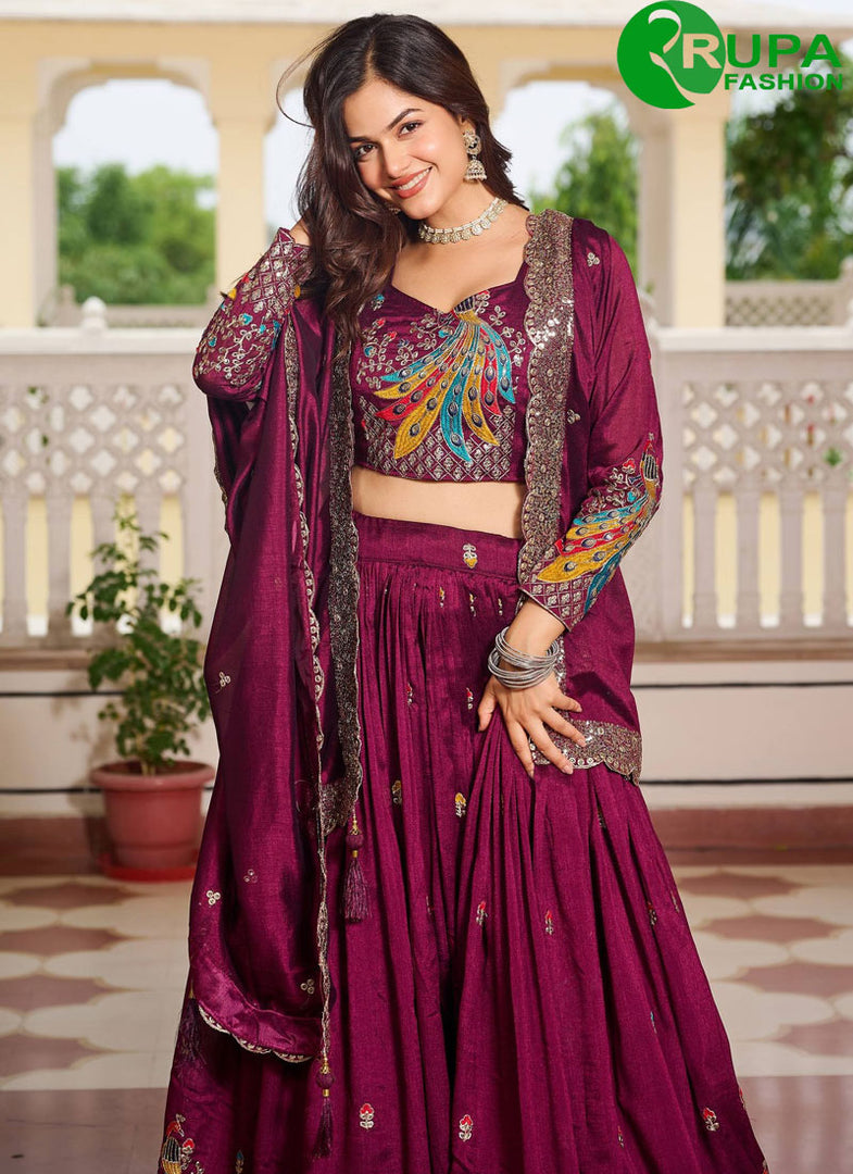 Wine Color Embroidered, Sequins, Thread and Zari Work Vichitra Silk Readymade Lehenga Choli