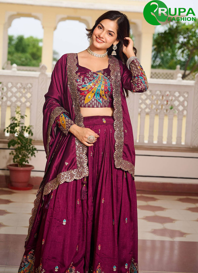 Wine Color Embroidered, Sequins, Thread and Zari Work Vichitra Silk Readymade Lehenga Choli