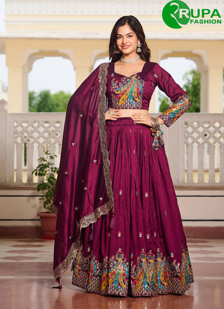 Wine Color Embroidered, Sequins, Thread and Zari Work Vichitra Silk Readymade Lehenga Choli