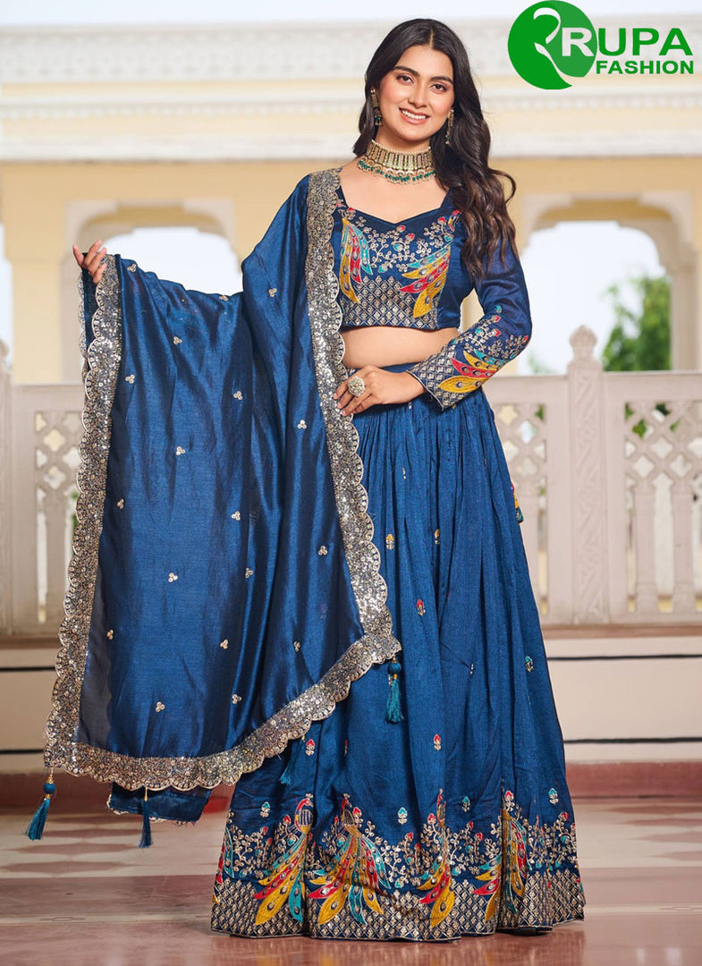 Pure Vichitra Silk Readymade Lehenga Choli with Embroidered, Sequins, Thread and Zari Work