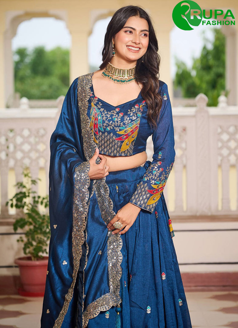 Pure Vichitra Silk Readymade Lehenga Choli with Embroidered, Sequins, Thread and Zari Work