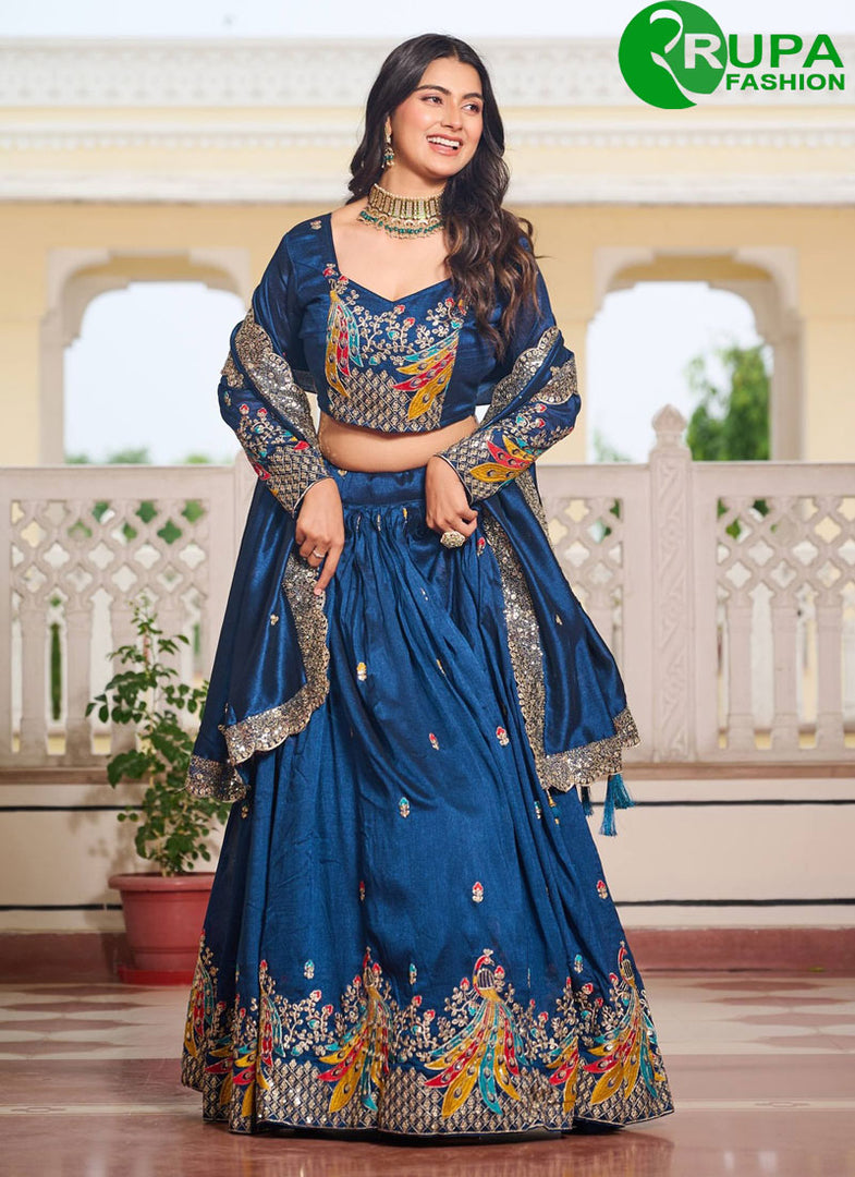 Pure Vichitra Silk Readymade Lehenga Choli with Embroidered, Sequins, Thread and Zari Work