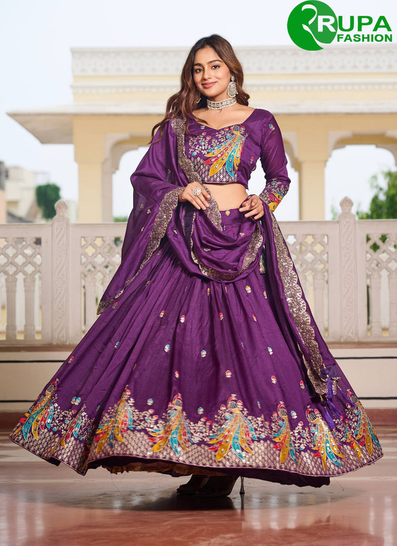 Awesome Purple Color Pure Vichitra Silk Traditional Ready Made Lehenga Choli