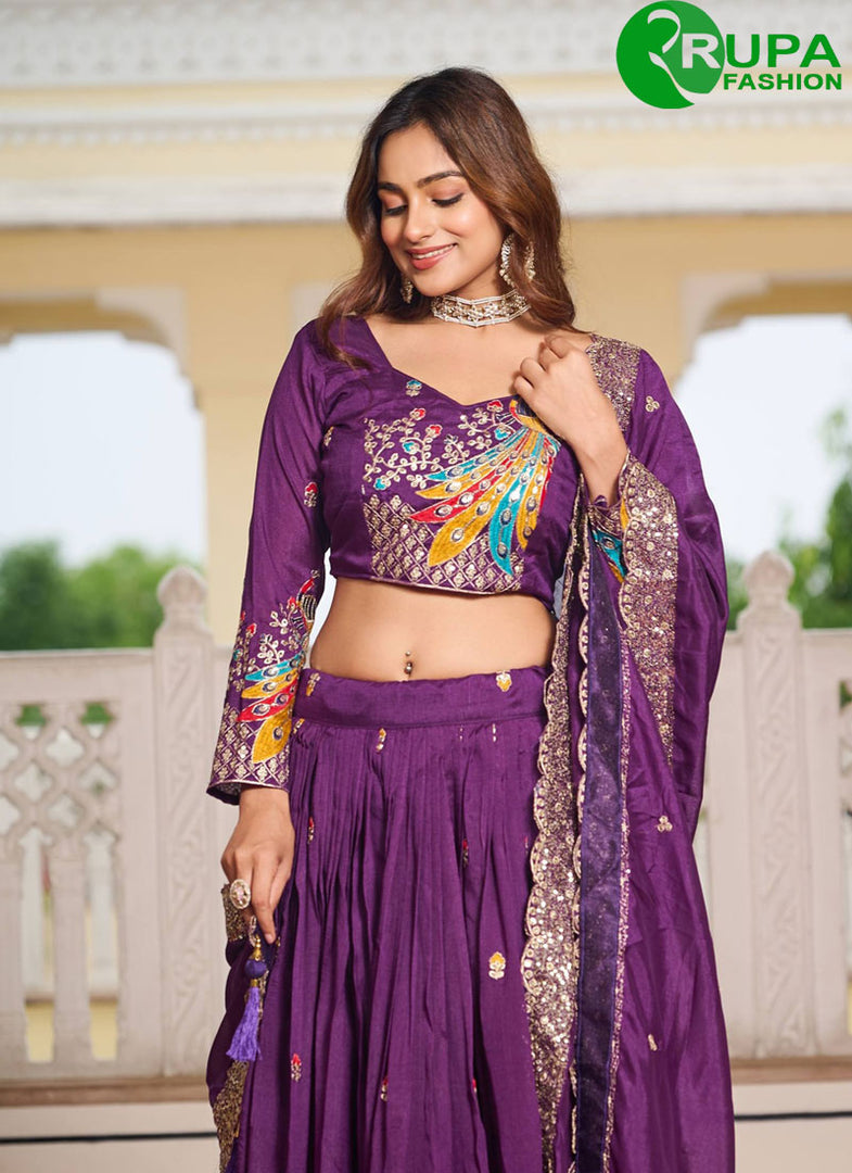Awesome Purple Color Pure Vichitra Silk Traditional Ready Made Lehenga Choli