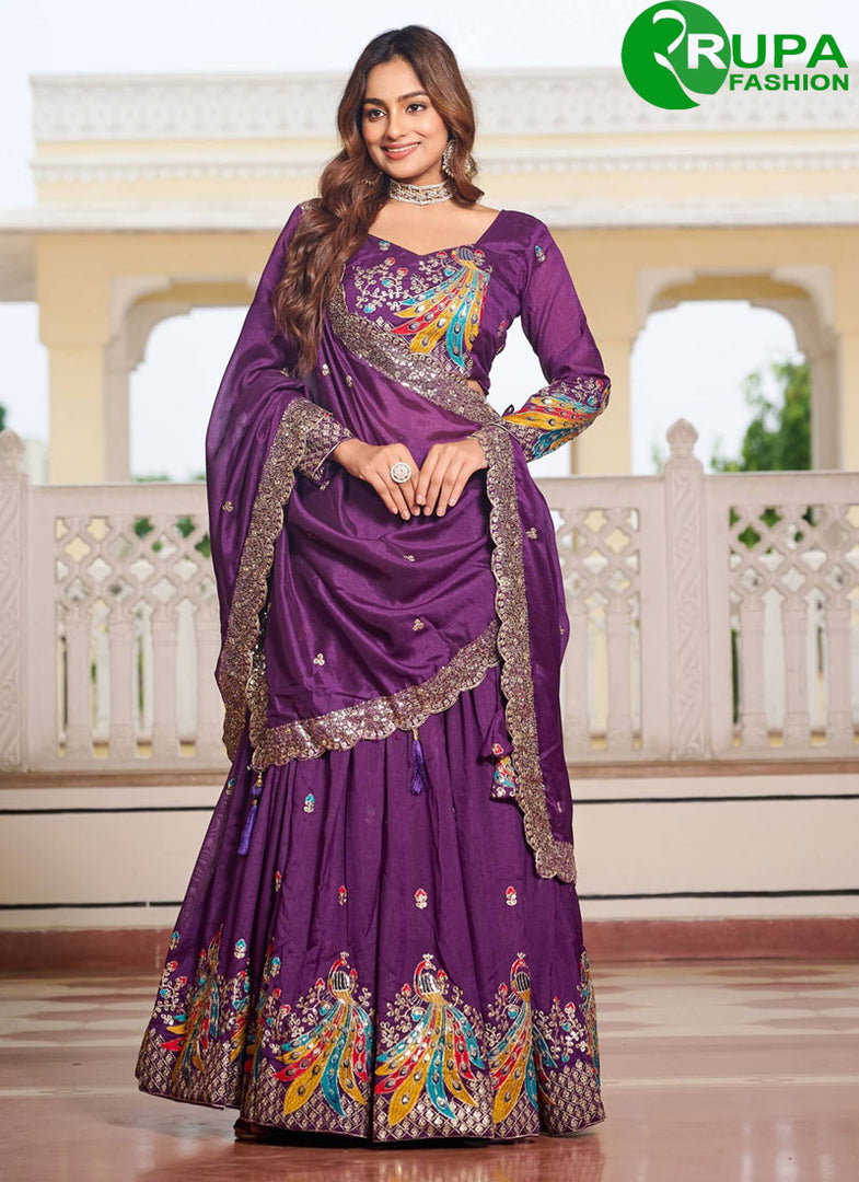 Awesome Purple Color Pure Vichitra Silk Traditional Ready Made Lehenga Choli