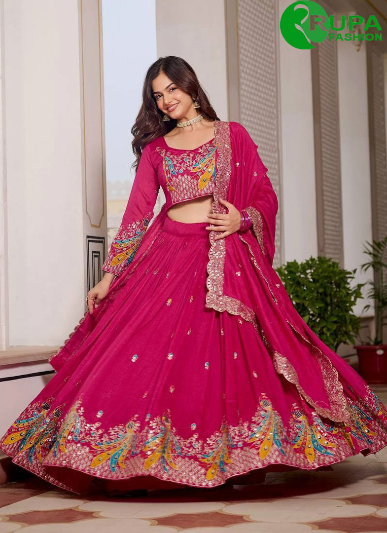 Pink Color Pure Vichitra Silk Embroidered, Sequins, Thread and Zari Work Readymade Lehenga Choli