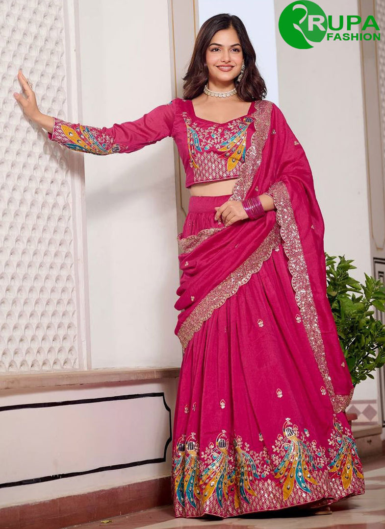 Pink Color Pure Vichitra Silk Embroidered, Sequins, Thread and Zari Work Readymade Lehenga Choli