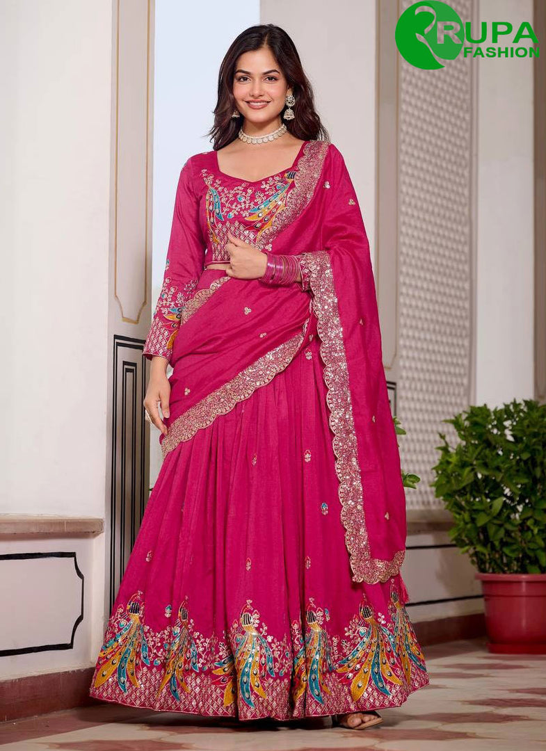Pink Color Pure Vichitra Silk Embroidered, Sequins, Thread and Zari Work Readymade Lehenga Choli