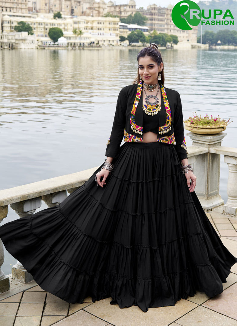 Majestic Black Plain Work Rayon Readymade Lehenga Choli