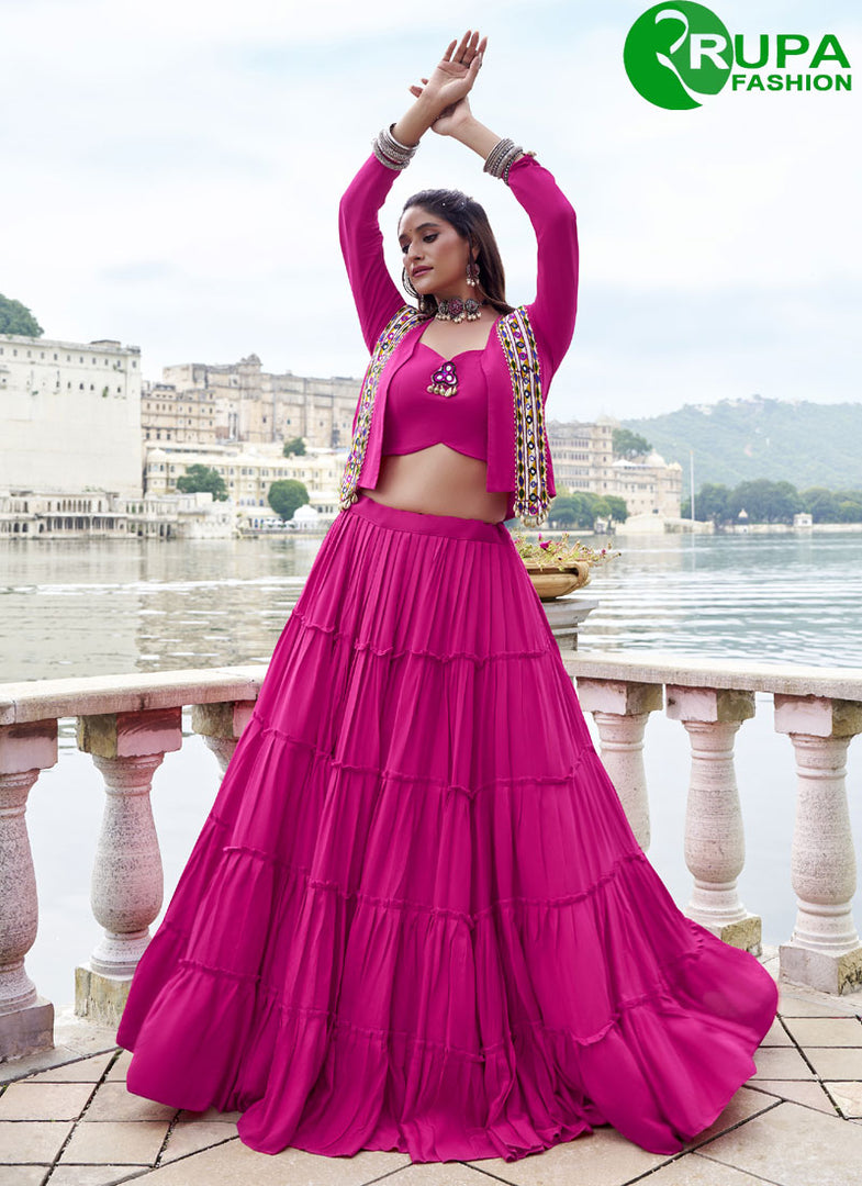 Divine Pink Color Rayon Plain Work Readymade Lehenga Choli